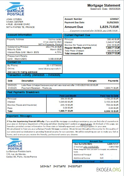 France La Banque Postale relevé hypothécaire bancaire scr